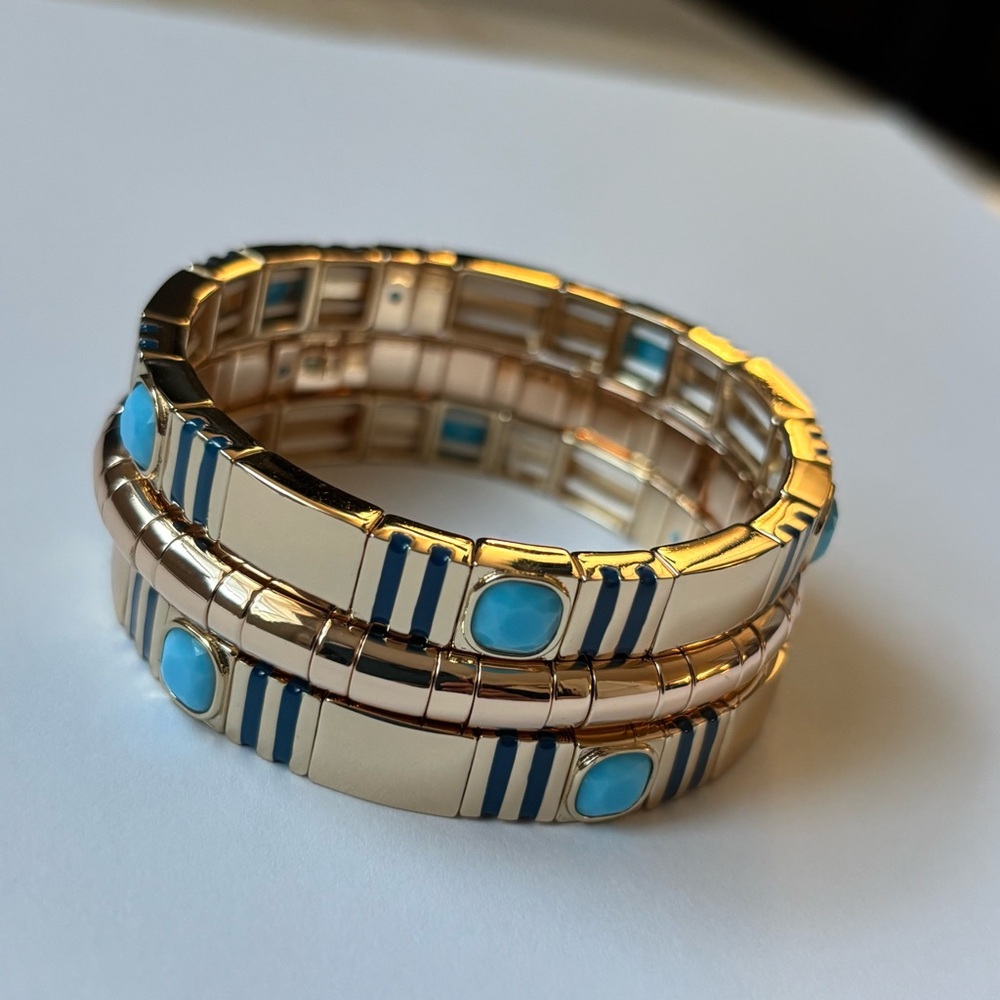 Roxanne Assoulin Gold Stretch Bracelet Set with Turquoise and Navy Details - Picture 2 of 5